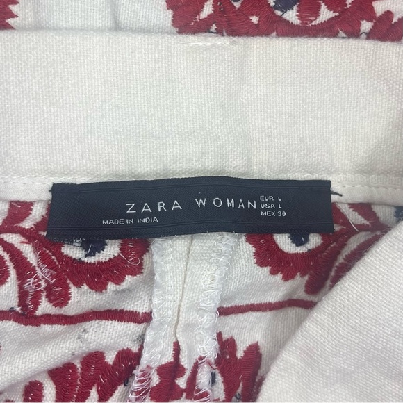 Zara Red and Tan Wide Leg Embroidered Cropped Capri Pants - Picture 4 of 6